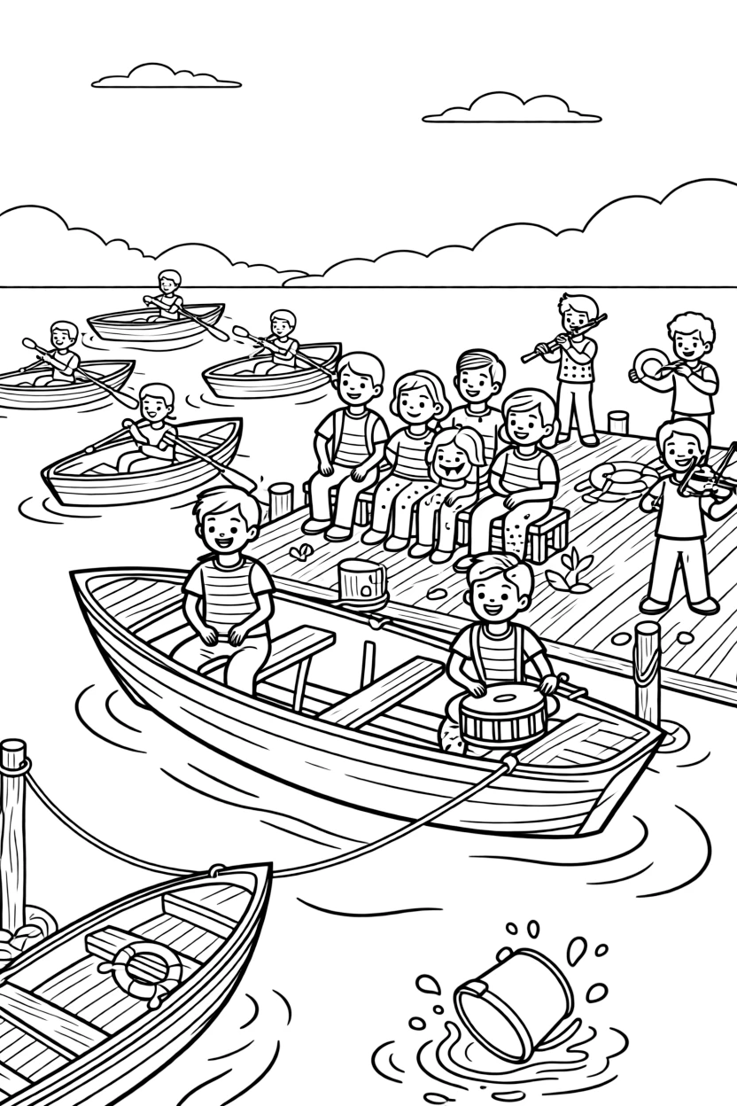A whole smiling family sitting beside drummers keeping rhythm at the front of a boat on a dock where small boats are being launched for the festival, with a bucket splashing with water and musicians playing near the water's edge scattered about.