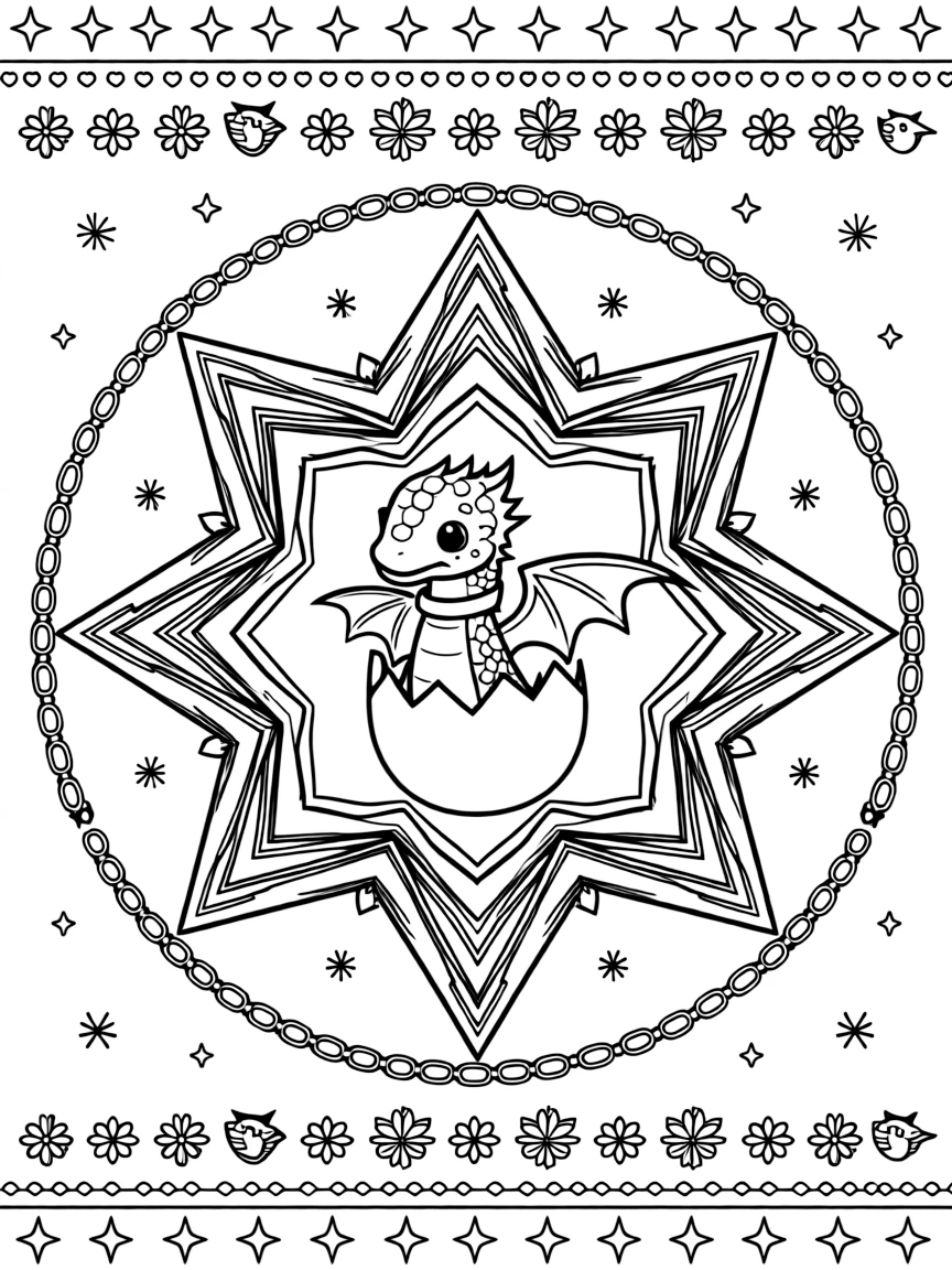 Mythical & Fantasy Creatures: The page presents a small themed scene built around a small dragon hatchling peeking out of a cracked egg, tied together by an eight-point star mandala framing the design. The scene is placed centrally within a scene bordered top and bottom by mirrored rows of smaller matching details. Decorative details fill the surrounding space, including tiny pinwheel stars, a chain of linked heart shapes, and overlapping fish-scale textures woven throughout the background. A playful extra touch completes the page: a few sparkling gem shapes dotted along the outer border.