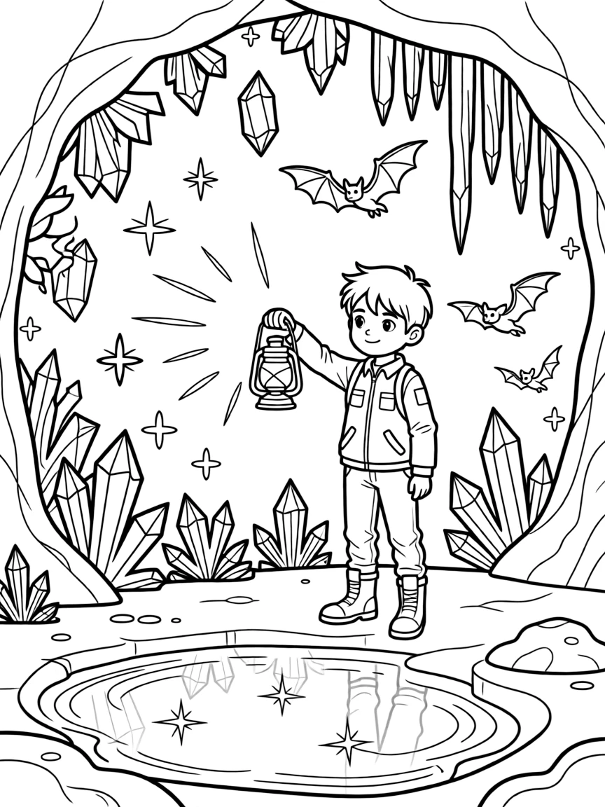 [Mystical Caves] A young explorer holds up a lantern, illuminating a cave wall covered in sparkling crystals. A family of bats swoops gracefully around a cluster of towering stalactites. A hidden underground pool reflects the sparkle of crystal formations lining the walls. Shimmering light reflects off the underground pool, filling the cave with sparkle.