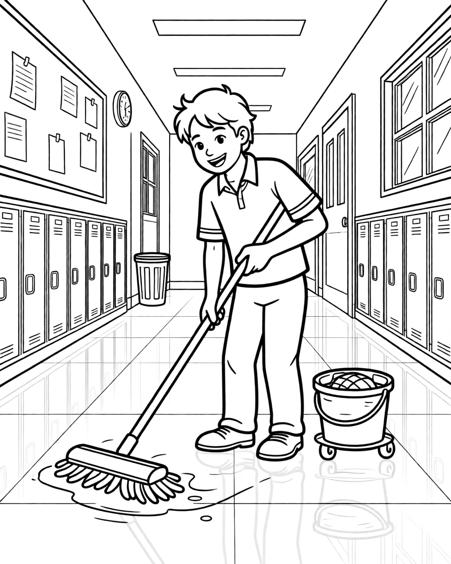 A janitor mops a shiny school hallway floor with a bucket and mop.