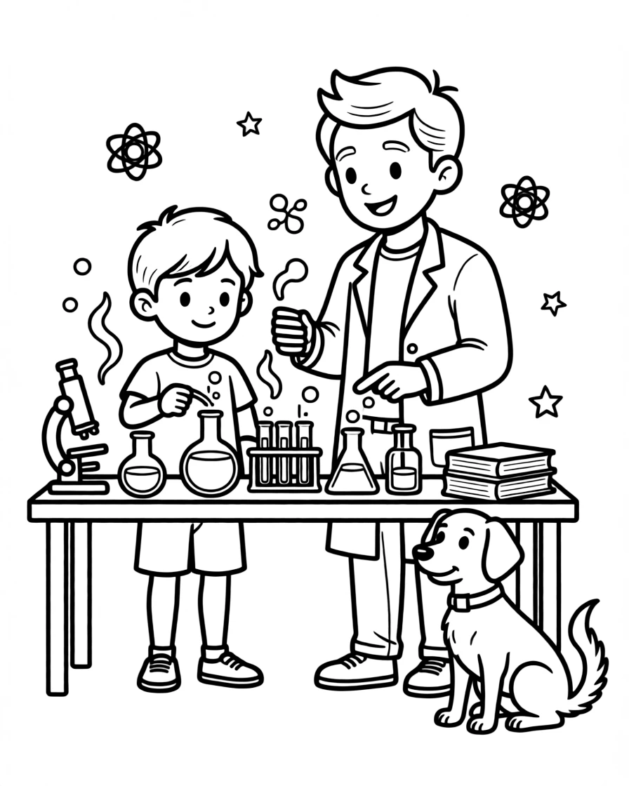 A young child mixing colorful liquids with a scientist while a friendly dog wags its tail.