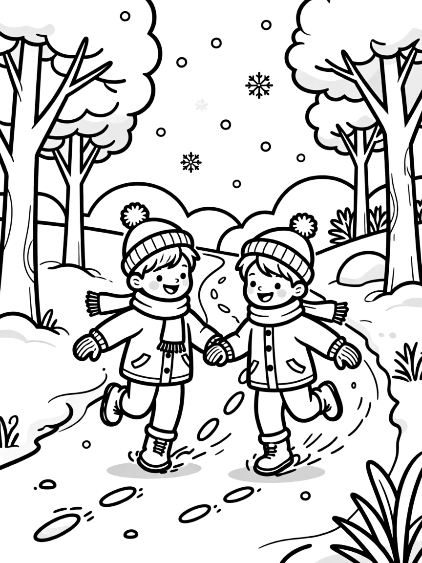 A pair of twin siblings, kicking and gliding in a steady rhythm along a sunlit snowy path.