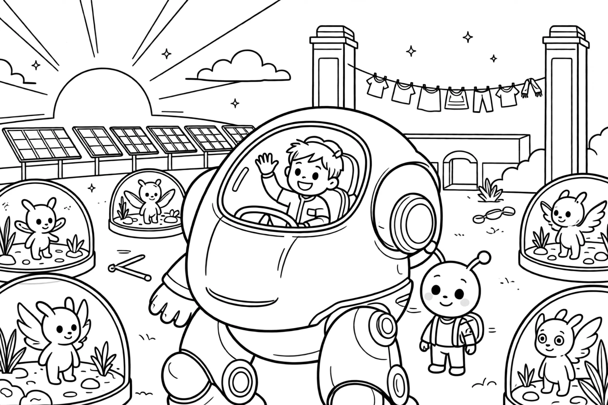 Young pilot Orion riding inside the friendly giant mech Solar Sentinel showing a new alien student around the space academy, in a space zoo housing gentle creatures from across the galaxy, with a row of solar panels catching the sunset and a line of laundry fluttering between two towers nearby.