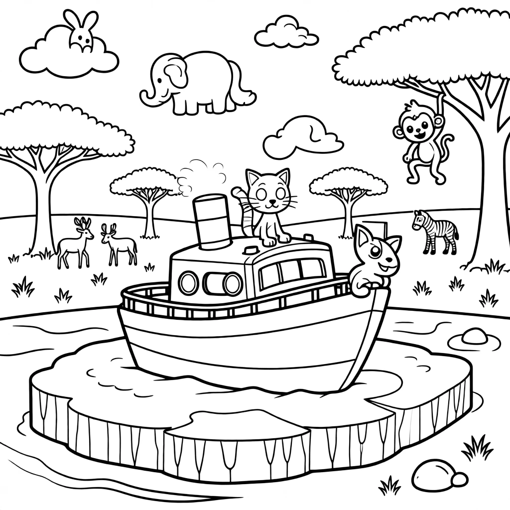 This page centers on an icebreaker ship crunching through arctic ice floes exploring an open savanna dotted with acacia trees and grazing animals, featuring a curious cat perched on the hood and little extras like fluffy clouds shaped like animals drifting overhead and a friendly monkey swinging through nearby branches.