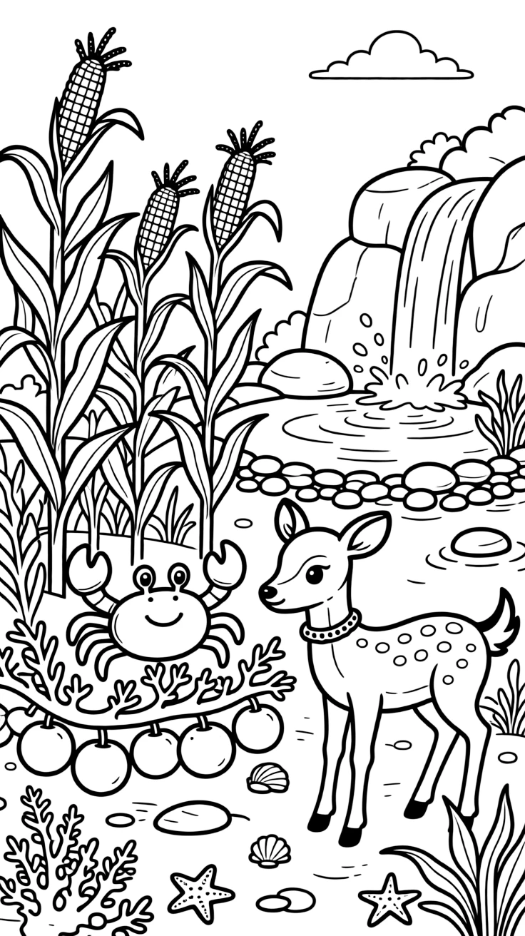A crab in a coral reef, harvesting ripe fruit alongside a deer fawn, next to a corn field, as a gentle waterfall splashes in the background.