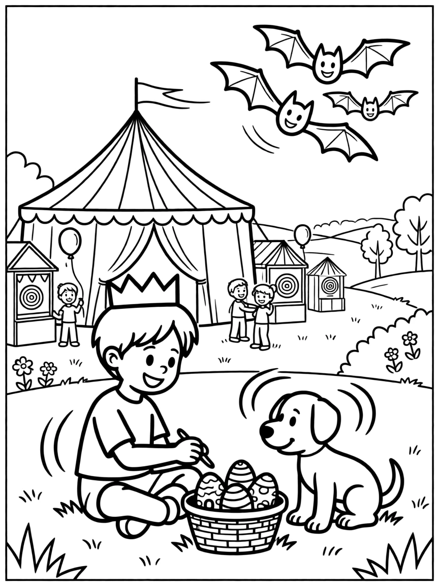 An energetic boy knight and his puppy squire takes a break from adventures to try painting eggs in every color of the rainbow at a county fair with games and a big striped tent, with a squadron of friendly bats looping overhead close behind. Giggles echo happily through the whole valley.