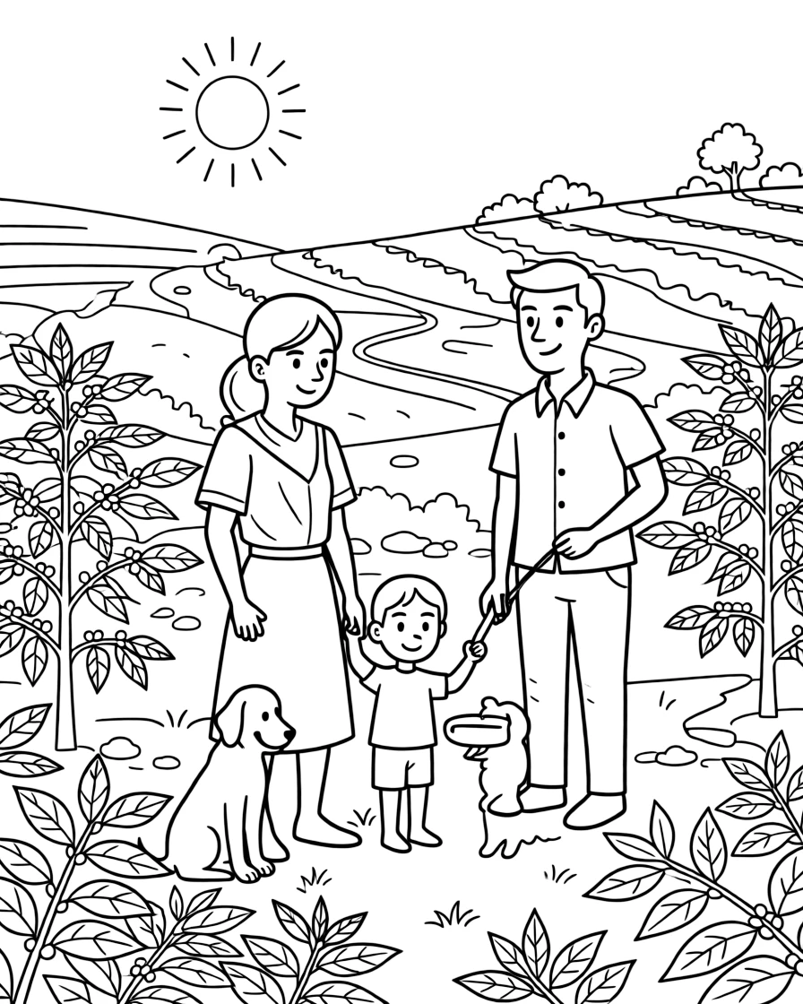 A coloring page capturing everyday life in Rwanda: a family tending a lush hillside coffee farm, with a loyal pet nearby and a warm sun shining overhead.