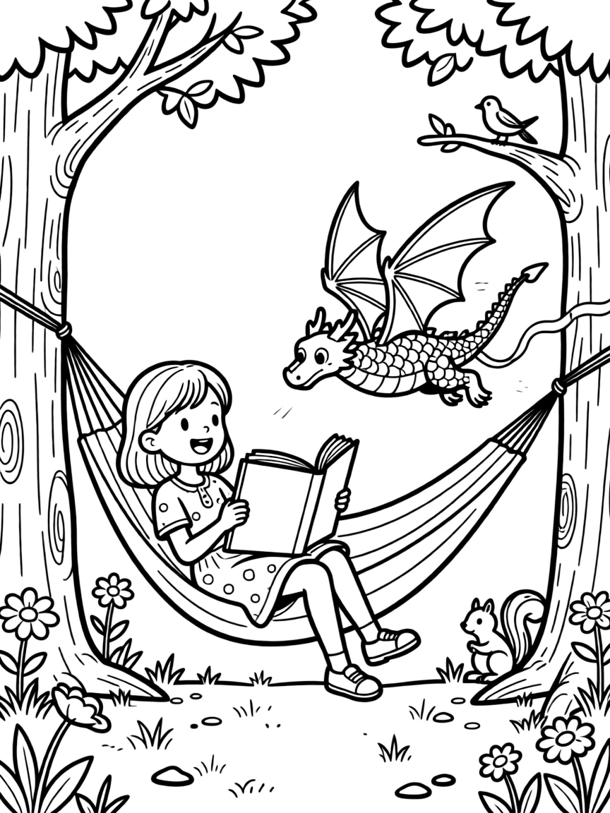 an excited little girl sits in a hammock strung between two trees and flips through a giant storybook where a paper dragon seems to fly right off the page.