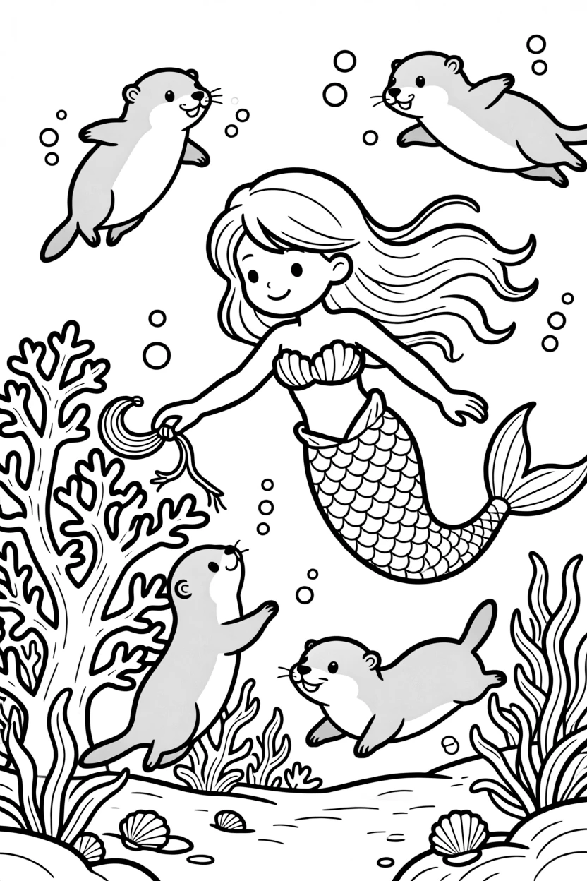 A group of playful otters help a young mermaid retrieve a lost hair ribbon caught on some underwater coral.