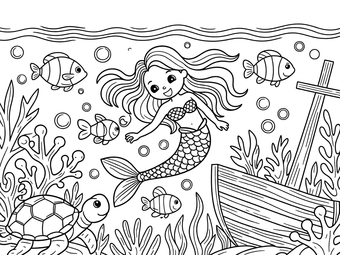 [Underwater Adventures] A dynamic scene shows a mermaid swimming among the fish swimming alongside a friendly sea turtle near a sunken shipwreck, grinning with excitement. Close by, bubbles rise steadily toward the surface. Coral formations add colorful texture. The moment unfolds during a bright summer day, with a light breeze blowing, filled with energetic detail perfect for a young colorist.