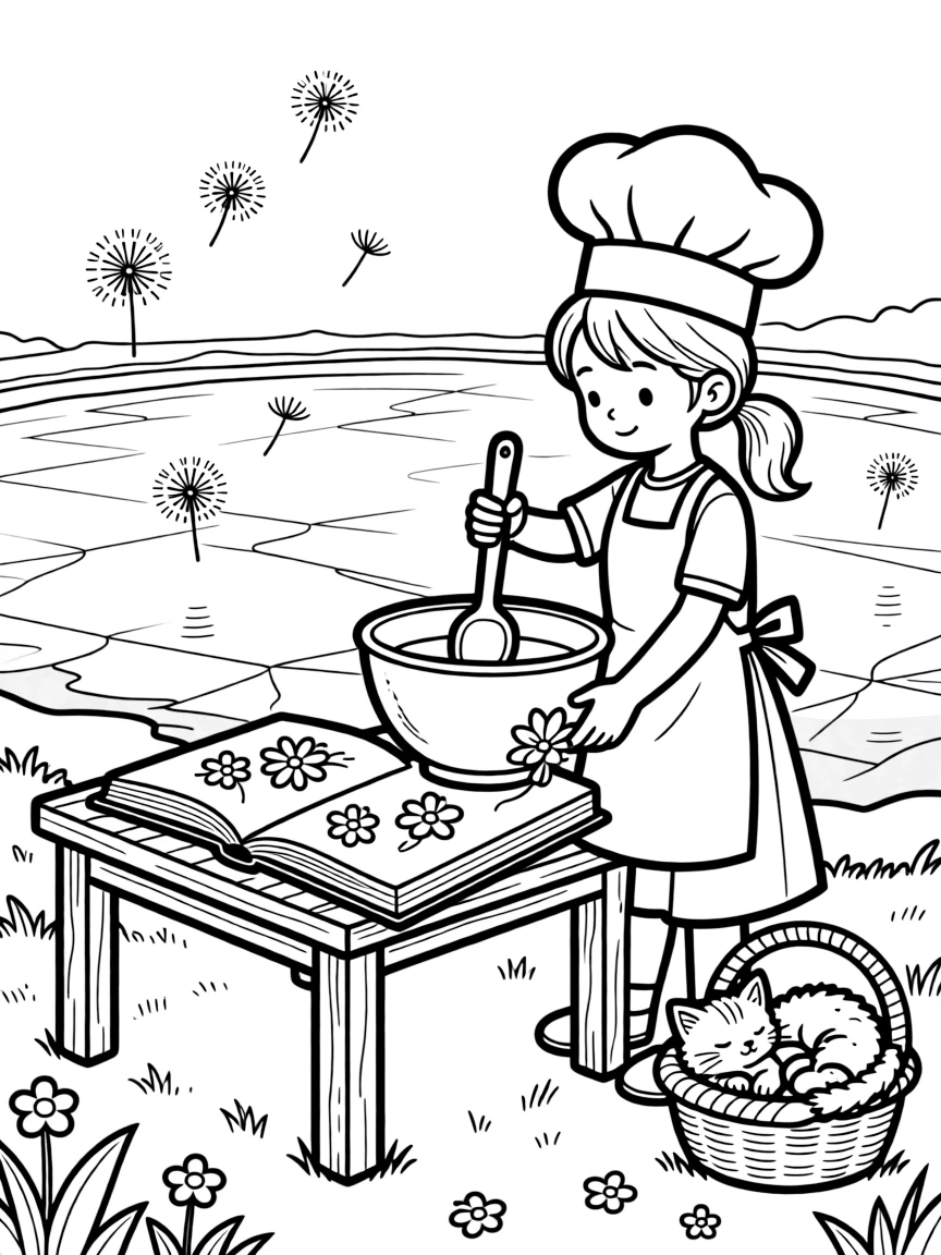 A girl chef stirring a giant mixing bowl is pressing flowers between the pages of a big book beside a frozen pond used for ice skating. All around, floating dandelion seeds catching the light and a basket of sleepy kittens curled together add to the delightful moment.