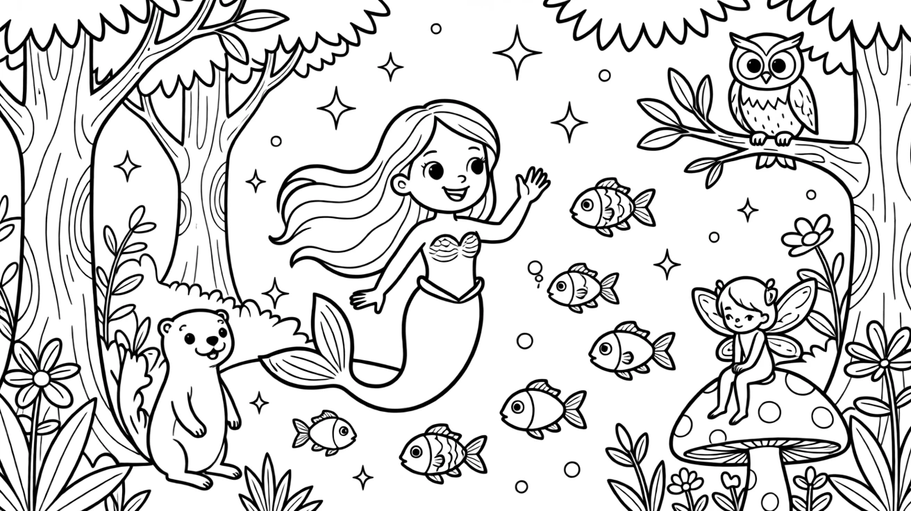 A mermaid greeting a school of colorful fish in a sparkling magical forest glowing with soft light, while a playful otter looks on nearby, a tiny fairy resting on a mushroom and a talking owl perched on a branch completing the scene.