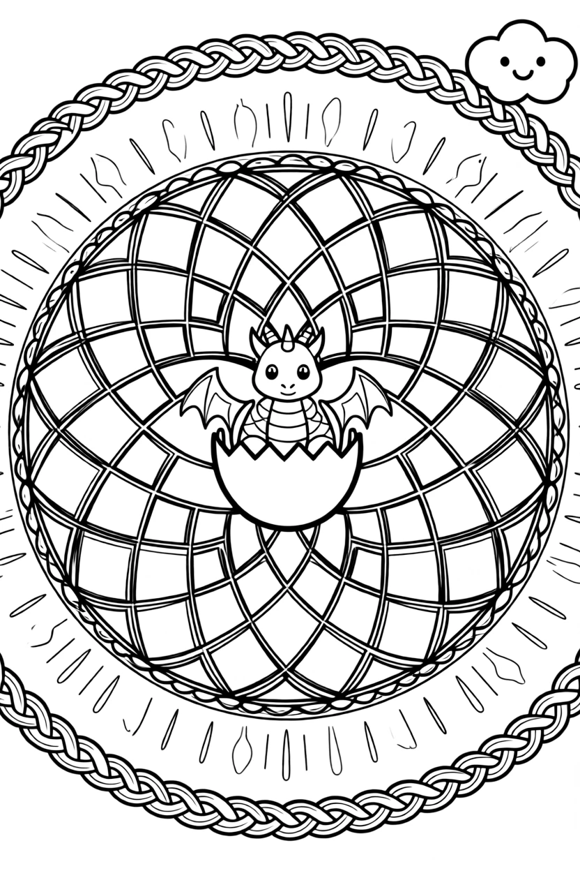 Mythical & Fantasy Creatures: The design turns a small dragon hatchling peeking out of a cracked egg into a kaleidoscope-style composition anchored by a diamond lattice mandala crossing over itself in a grid. The imagery is broken into repeating fragments that spin outward from the center in a kaleidoscope-style circle of matching wedges. Decorative details fill the surrounding space, including bands of braided rope shapes, rays fanning out like a small sunburst, and clusters of tiny bells woven throughout the background. A playful extra touch completes the page: a small round cloud with a friendly face tucked into a corner.