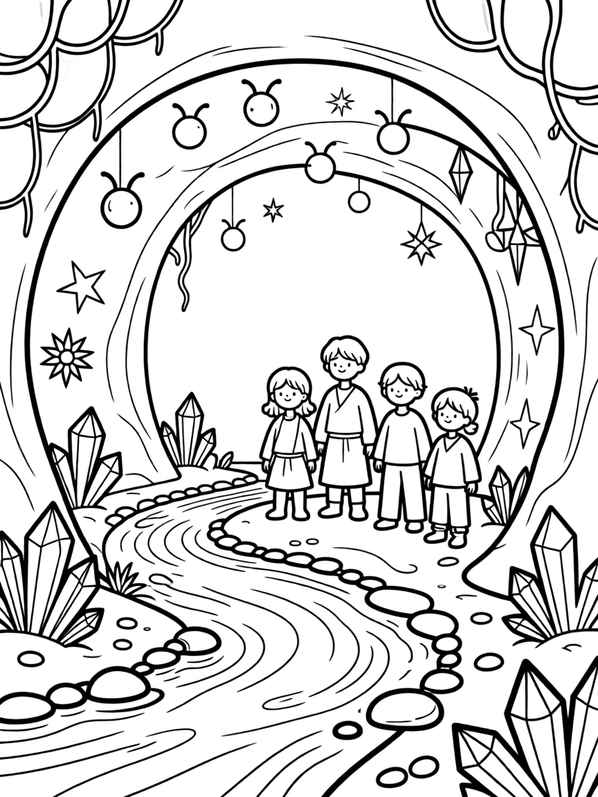 [Mystical Caves] A family of glowworms lights up the ceiling of a quiet underground cavern. A small underground stream trickles past clusters of glittering mineral formations. Glowing crystals embedded in the cave walls light the path like tiny stars. Soft blue light glows from the crystals, filling the cavern with a magical shimmer.
