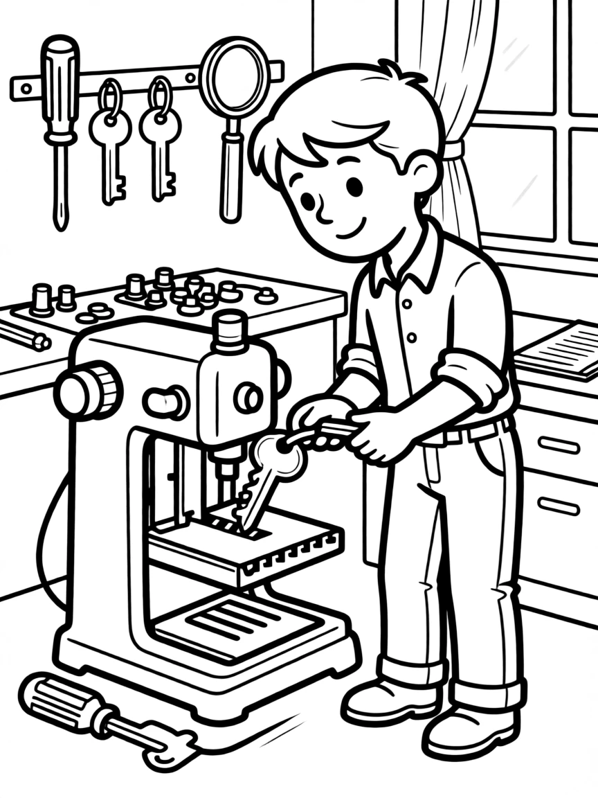 A locksmith cuts a shiny new key on a small key-cutting machine.