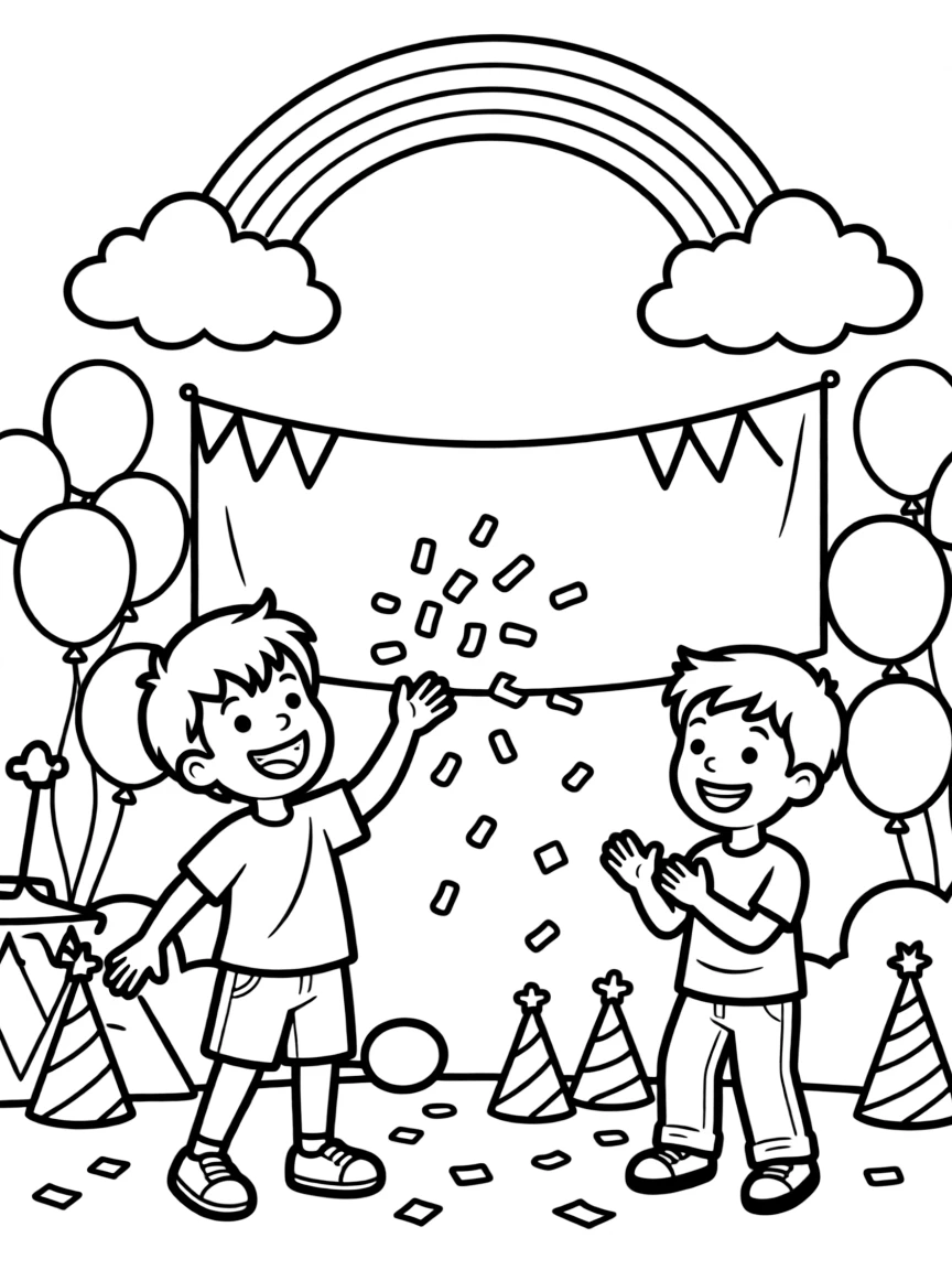 A giggling boy tossing confetti in the air during a grandparent's retirement party with a stepbrother with a rainbow arching overhead.