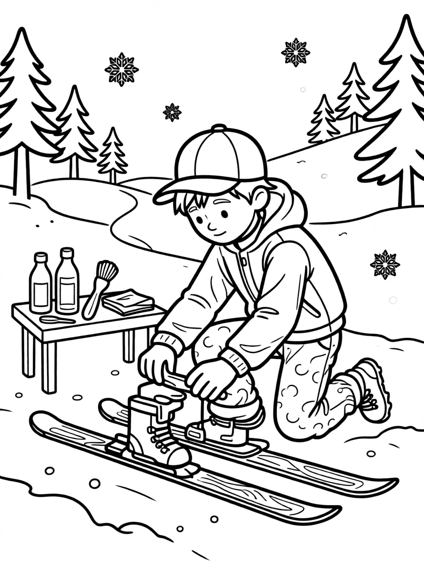 A confident boy wearing a bright cap, waxing the bottoms of skis before heading out onto a fresh trail.