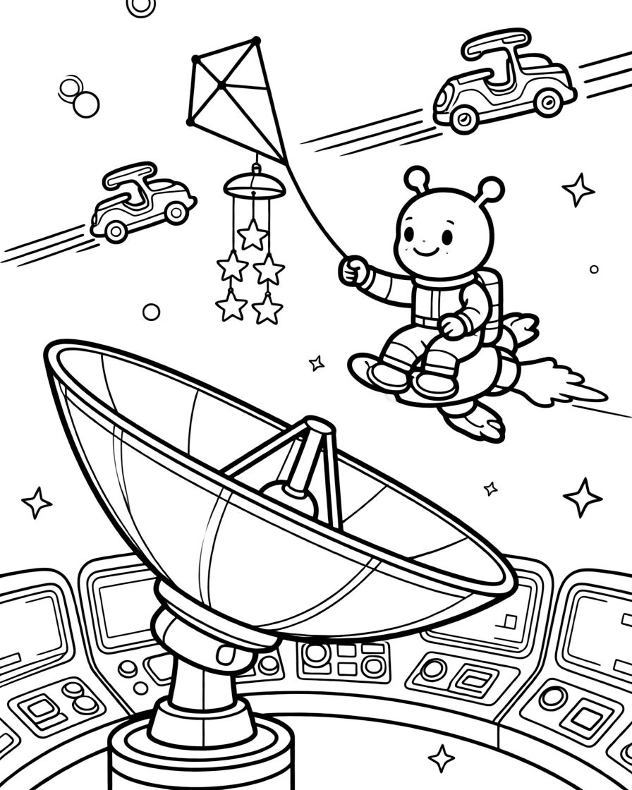 Marsh, a playful alien creature with paddle feet riding a jetpack to retrieve a kite stuck on a satellite dish, in a spaceship's bright control room full of blinking buttons and screens, with a fleet of hover-scooters zipping past in the background and a wind chime made of tiny metal stars nearby.