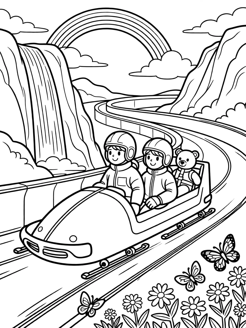 This page centers on a bobsled team zooming down an icy curved track exploring a national park with towering waterfalls and rocky cliffs, featuring a teddy bear buckled safely into the passenger seat and little extras like a rainbow arching across the sky and butterflies fluttering near a patch of wildflowers.