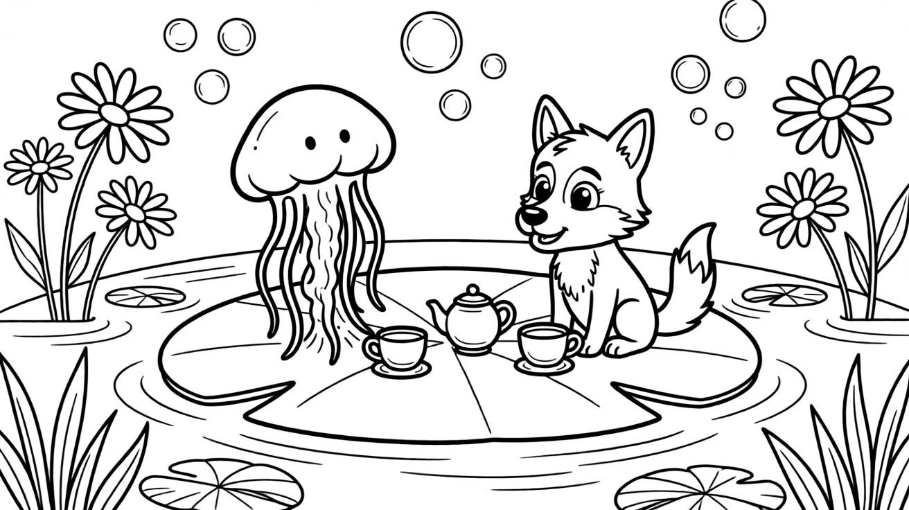 A jellyfish on a lily pad in a quiet pond, having a tea party with a wolf pup, next to a bed of daisies, as bubbles float up into the sky.