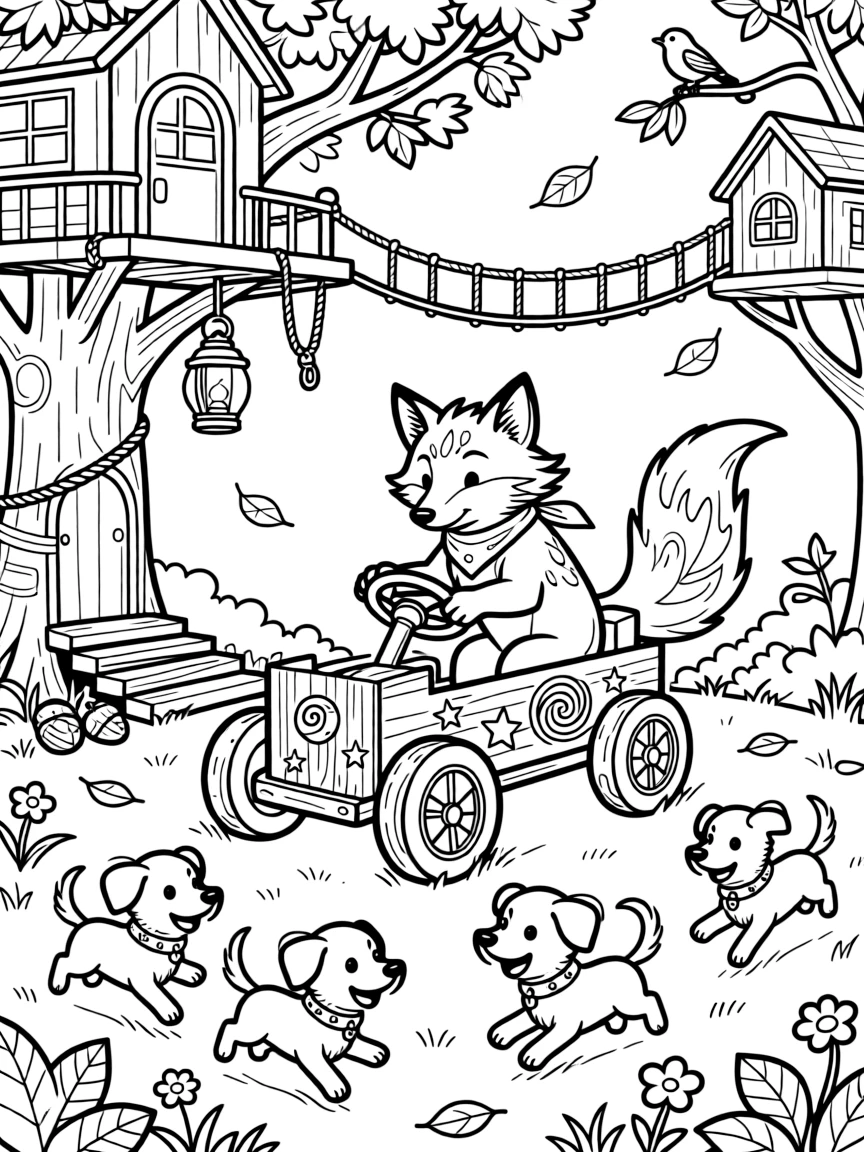 Inside a treehouse village connected by rope bridges, a sturdy aurora spirit fox discovers the joy of putting the finishing touches on a homemade go-kart, while three bouncing puppies chasing their tails watches happily nearby. Little cheers of excitement fill the air.