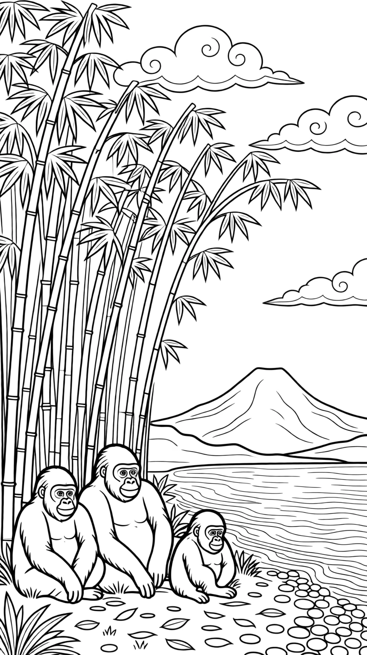 A coloring page of a mountain gorilla family resting in misty bamboo forest in Rwanda, set against a scenic backdrop with soft clouds and a distant mountain or shoreline.