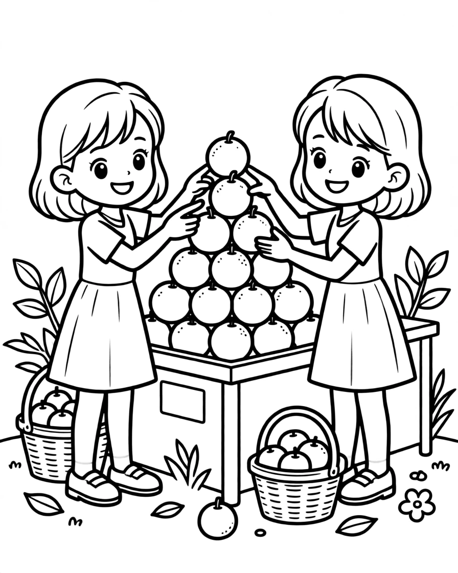 bright-eyed twin sisters build a pyramid out of stacked oranges at a fruit stand while counting them.
