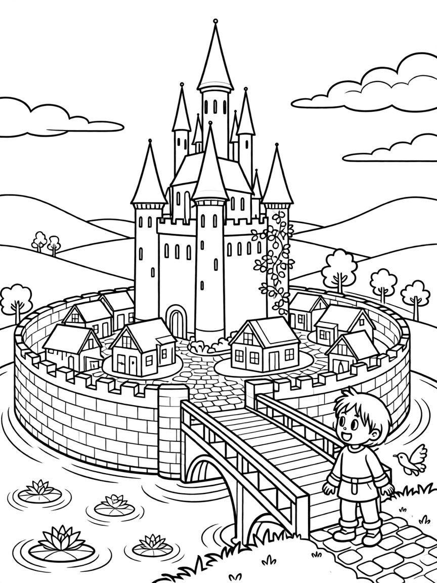 [Castles] a tall castle with pointed turrets overlooking a peaceful kingdom within a walled medieval town, wide-eyed with wonder, while a drawbridge lowers over the moat fills the surrounding area. Ivy climbs partway up one tower. Set just after a rainstorm, with fluffy clouds drifting overhead, the page bursts with adventure and imagination.