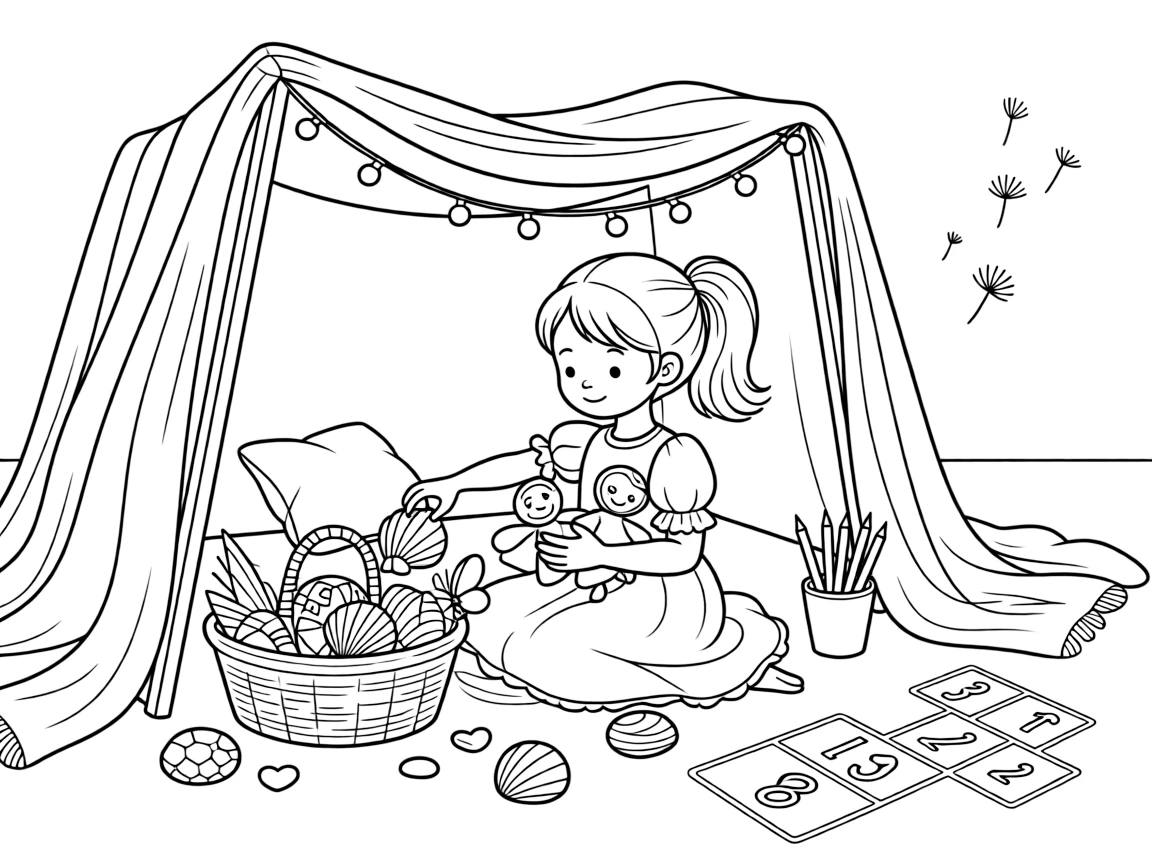 A girl puppeteer working her hand-sewn puppets is gathering seashells into a woven basket inside a blanket fort glowing with fairy lights. In the background, floating dandelion seeds catching the light and a hopscotch grid chalked onto the pavement round out the happy picture.