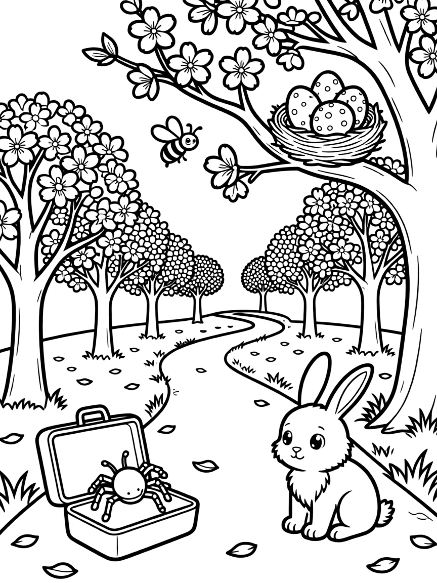 A wide view along a path lined with blossoming cherry trees, featuring a fake spider placed in a lunchbox, a floppy-eared bunny, and a nest with three speckled eggs, with a bee buzzing near a blossom nearby.