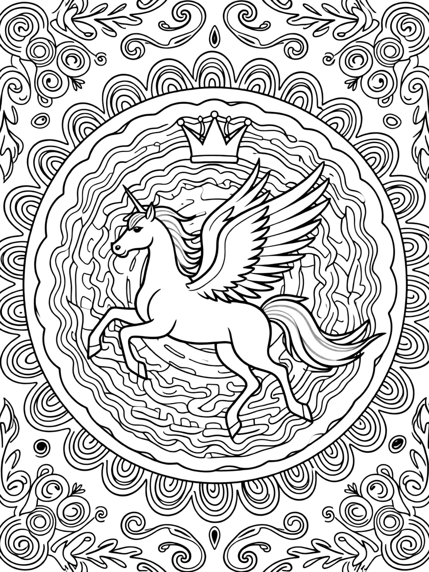 Mythical & Fantasy Creatures: The main subject is a winged pegasus mid-leap with a flowing tail, drawn as the focal point of a spiral mandala that winds gently from center to edge. It is centered on the page, anchoring a design that expands outward in smooth, even waves. Decorative details fill the surrounding space, including curling paisley teardrops, curling fern-frond shapes, and ribbons folded into gentle zigzags woven throughout the background. A playful extra touch completes the page: a small crown resting just above the center of the design.