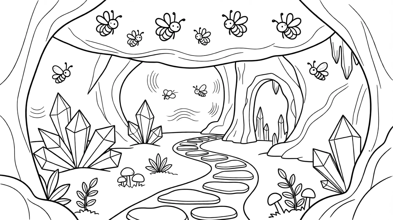 [Mystical Caves] A family of glowworms lights up the ceiling of a quiet underground cavern. Fireflies drift near the cave entrance, their light mixing with glowing crystals inside. A narrow stone path winds between rock formations toward a hidden underground chamber. A gentle echo carries through the cavern beneath the soft glow of natural crystals.