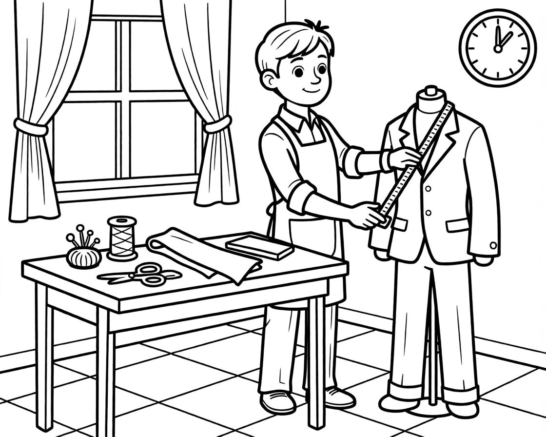A tailor measures fabric with a tape while sewing a suit on a mannequin.