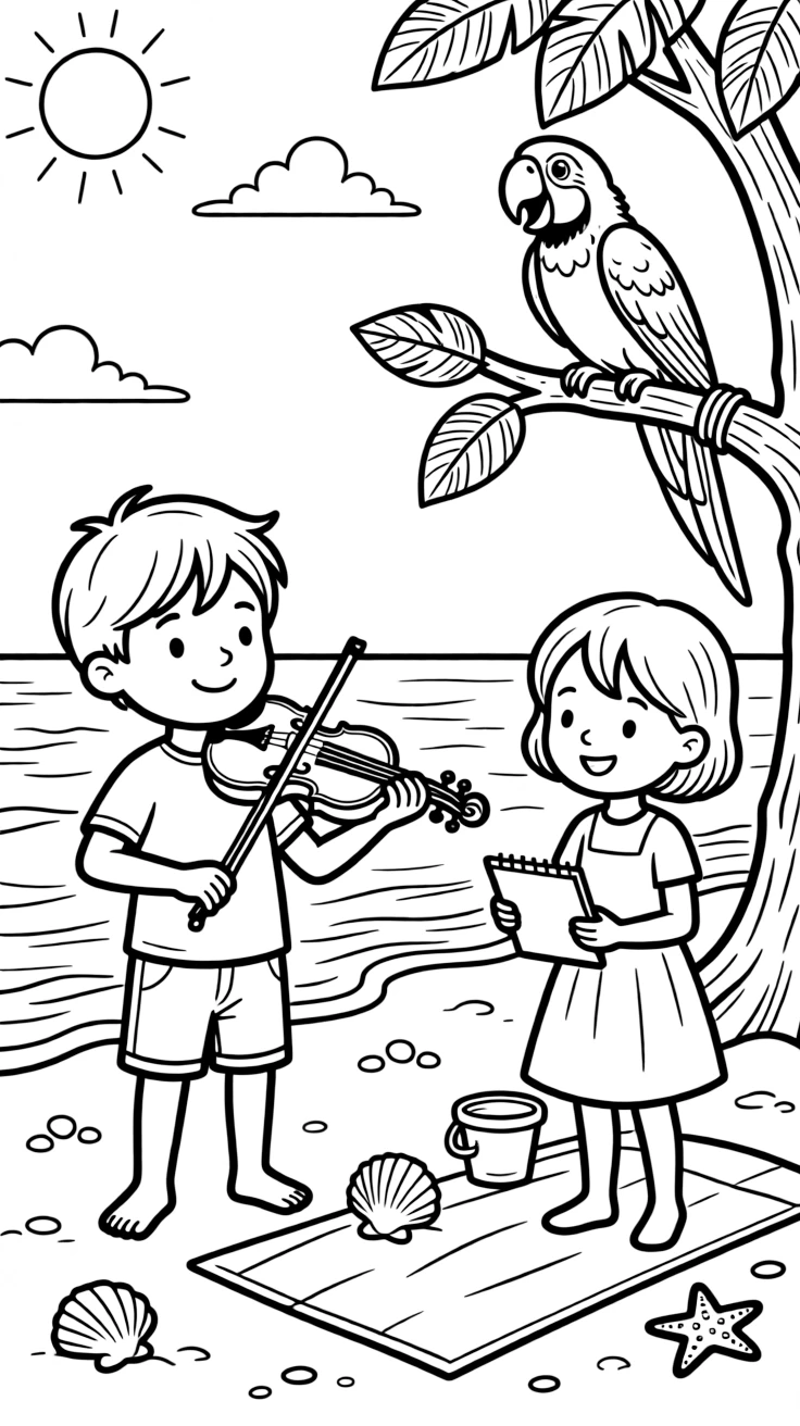 A young child playing the violin with a visiting pen pal at the beach while a parrot squawks from a perch.