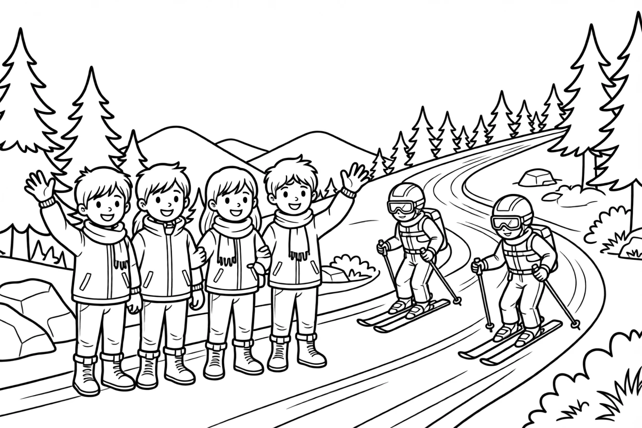 A group of classmates, waving to fellow skiers passing by on a scenic mountain trail.