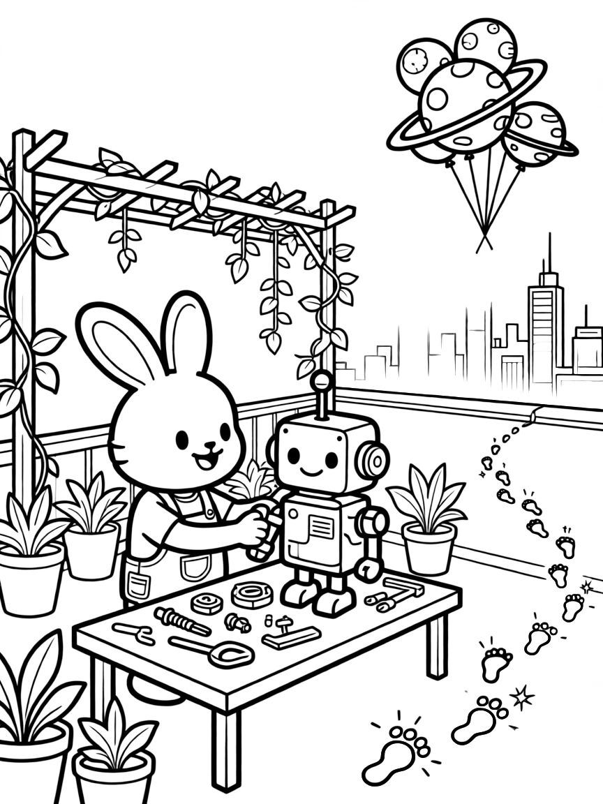 Squeak, a bouncy alien creature with rabbit-like ears building a robot friend from spare parts in a backyard workshop in a rooftop garden overlooking a glowing cyber skyline, as a cluster of balloons shaped like planets and a trail of glowing footprints leading into the distance fill the scene.