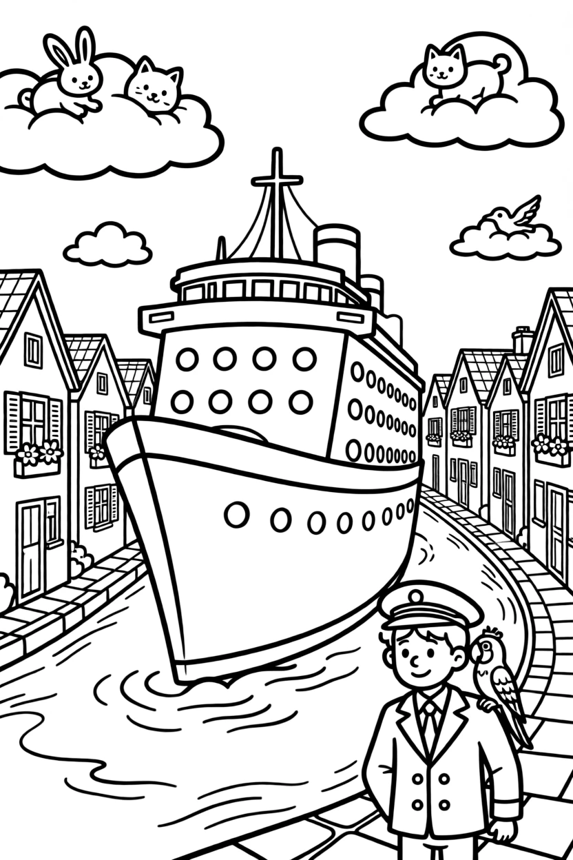 A towering cruise ship with rows of porthole windows takes center stage in a winding canal lined with cheerful painted houses, where a parrot perched on the captain's shoulder can be seen nearby, surrounded by fluffy clouds shaped like animals drifting overhead.