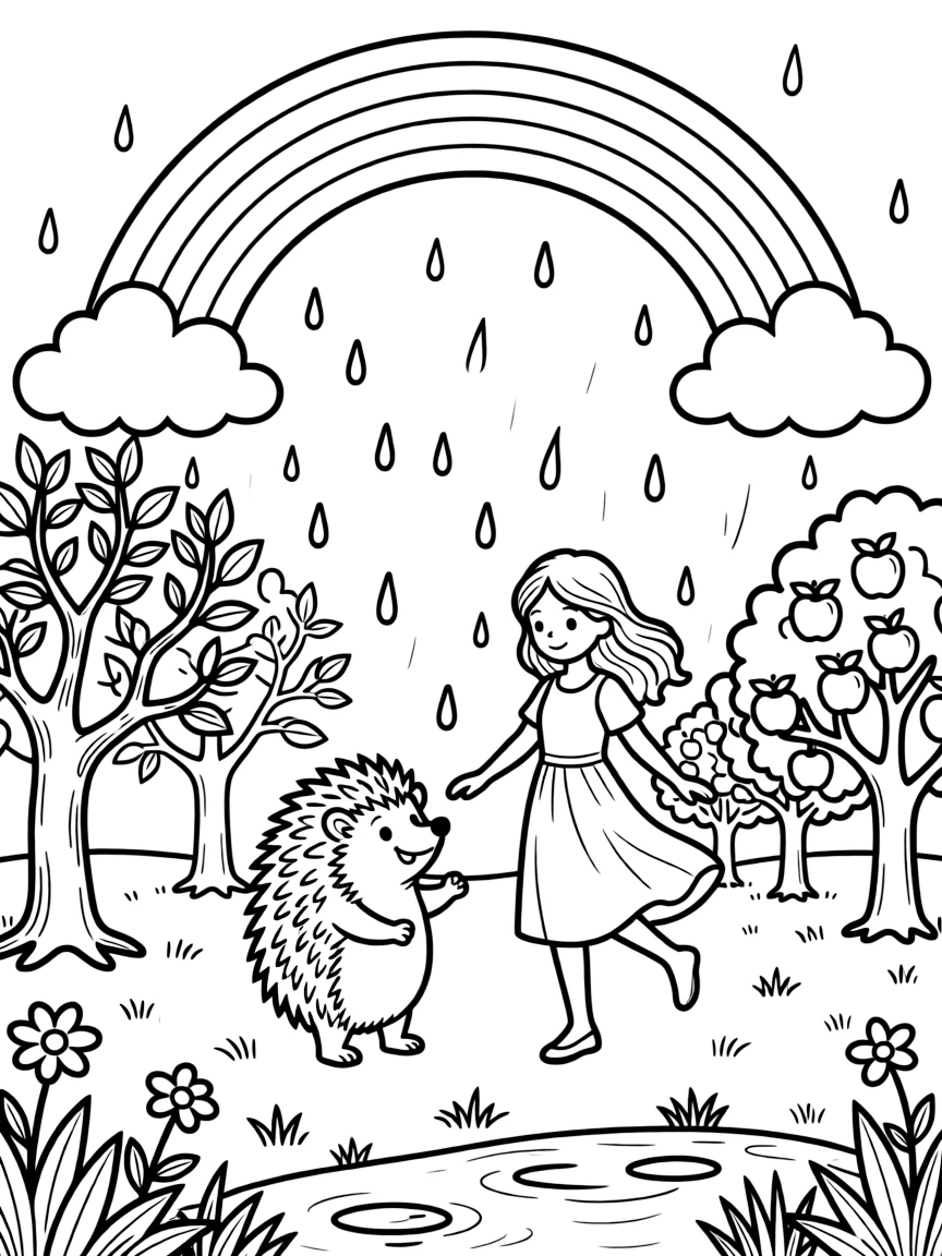 A hedgehog in an enchanted forest clearing, dancing in the rain with a gentle forest spirit, next to a apple orchard, while a rainbow arches overhead.