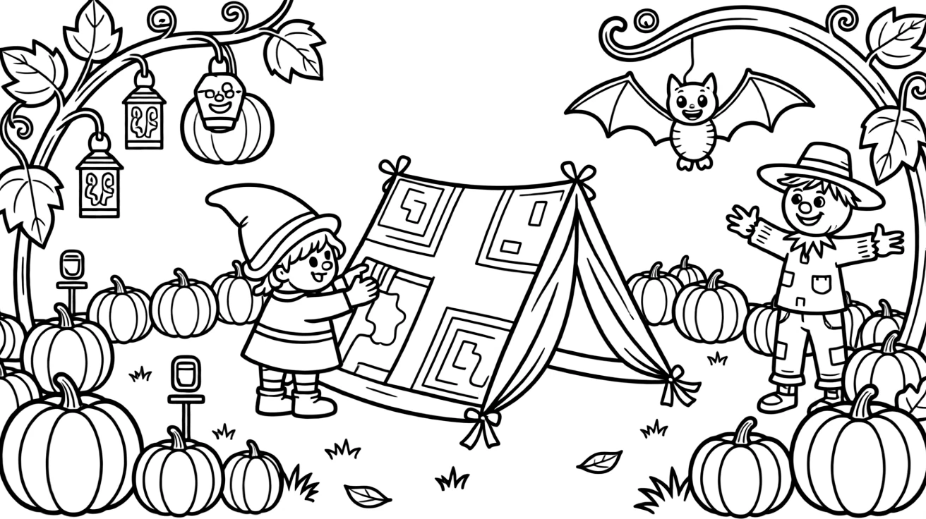 A chirpy mushroom house guardian gnome is building a blanket fort shaped like a spaceship in a pumpkin patch glowing with lanterns, joined by a friendly bat hanging upside down nearby and a cheerful scarecrow waving from the field. The whole crew is grinning from ear to ear.