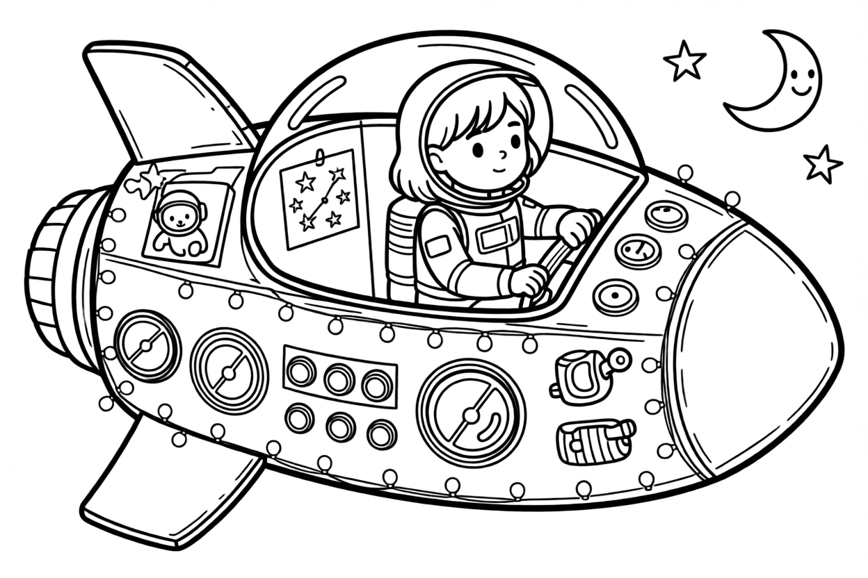 a shy little girl pilots a cardboard rocket ship covered in dials and blinking paper lights.