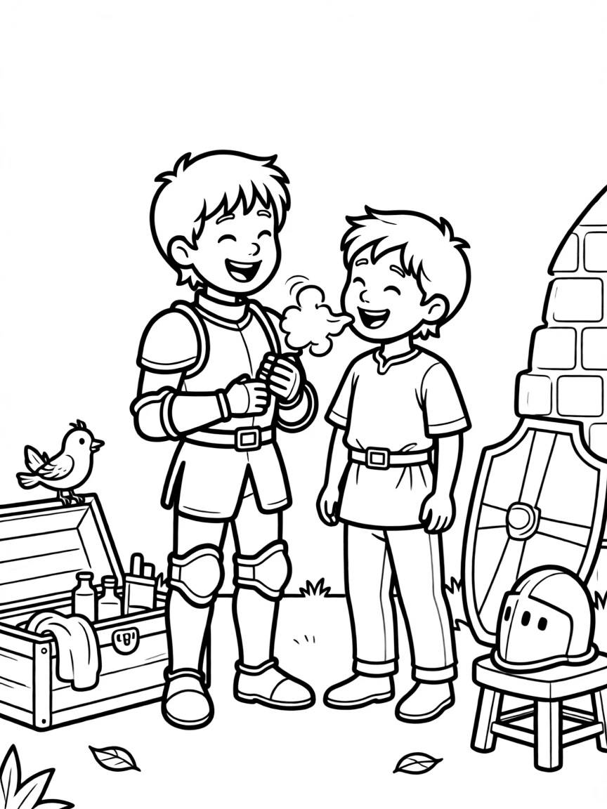A young knight and his squire share a laugh polishing armor that keeps fogging up from the squire's nervous breath.