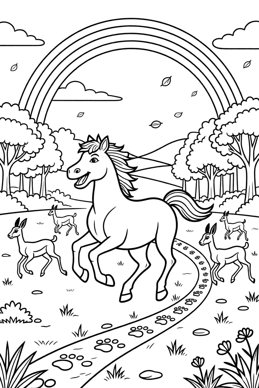 [Wild Animals] a galloping wild horse running across an open savanna in a dense green forest, laughing joyfully. Nearby, a herd of gazelles bounds across the plain. Paw prints trail off across the dusty ground. The scene is captured on a crisp autumn afternoon, with a rainbow arching overhead, giving the page a lively and adventurous feel that invites plenty of colorful detail.