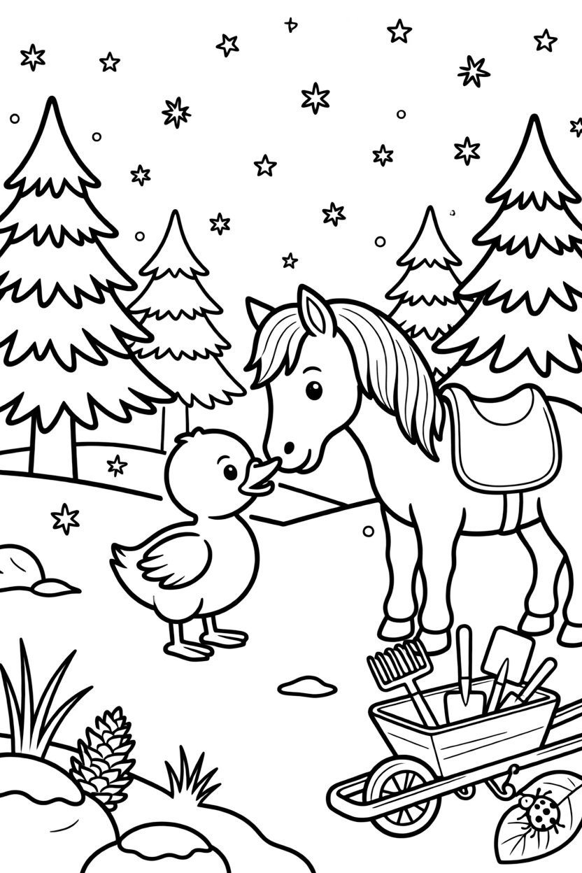 A paddling duckling is petting a friendly pony's soft nose in a snowy forest clearing under twinkling stars. Nearby, a wheelbarrow filled with garden tools and a curious ladybug resting on a leaf complete the joyful scene.
