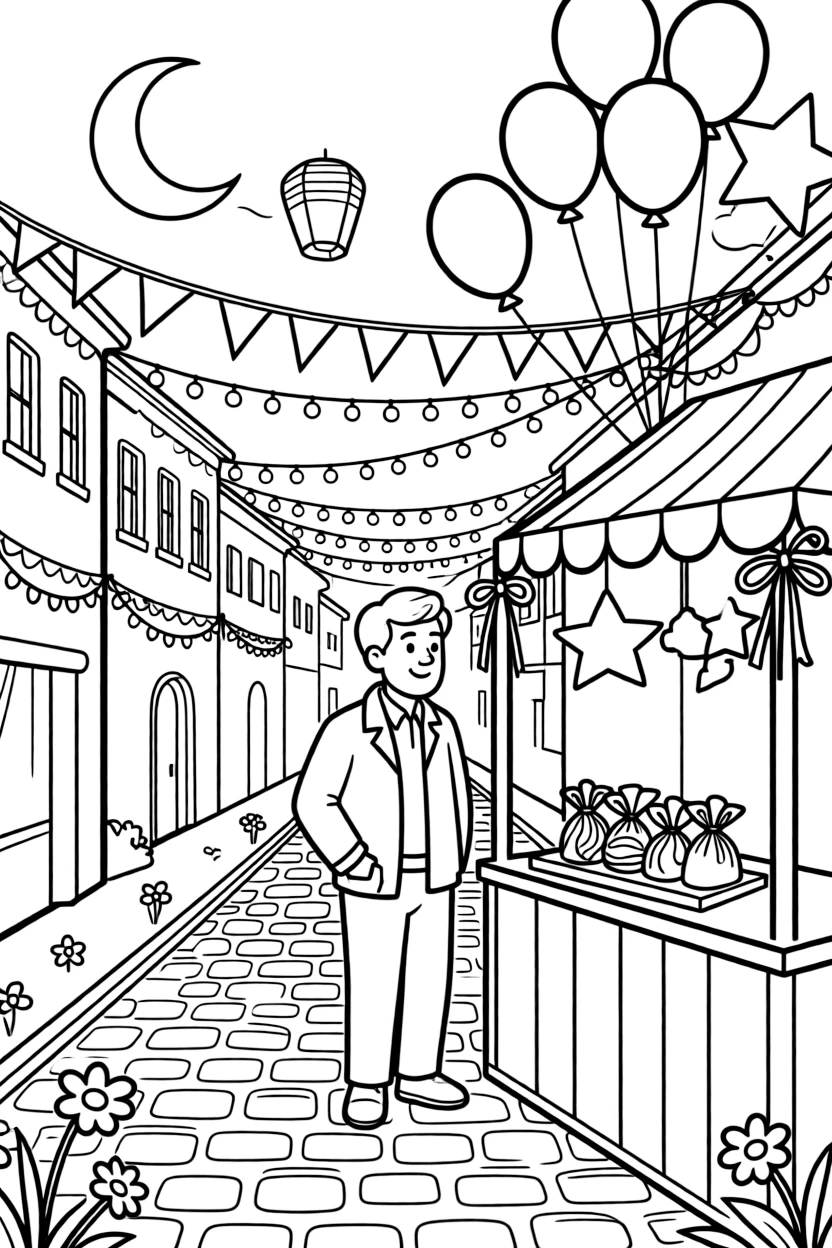 A lantern drifting past a crescent moon in a lively parade winding through a decorated street, while a proud grandfather looks on nearby, balloons tied to a festive booth and a tray of sweets wrapped in colorful paper completing the scene.
