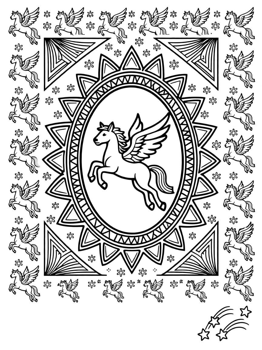 Mythical & Fantasy Creatures: The page centers on a repeating motif of a winged pegasus mid-leap with a flowing tail, built around an oval medallion mandala framed by a double border. The motif is lined up along the top and bottom edges, mirrored by a matching row along the left and right sides. Decorative details fill the surrounding space, including nested triangle shapes, fanned feather plumes, and six-point snowflake shapes woven throughout the background. A playful extra touch completes the page: a small cluster of shooting stars tucked into one corner.