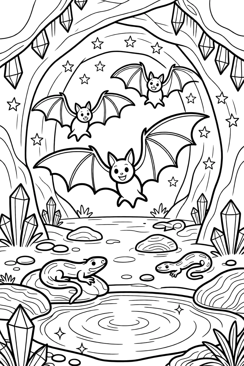 [Mystical Caves] A friendly bat colony flutters gently through a cavern lit by glowing blue crystals. Salamanders rest on damp stones near a pool reflecting the glow of crystal light. Glowing crystals embedded in the cave walls light the path like tiny stars. Shimmering light reflects off the underground pool, filling the cave with sparkle.