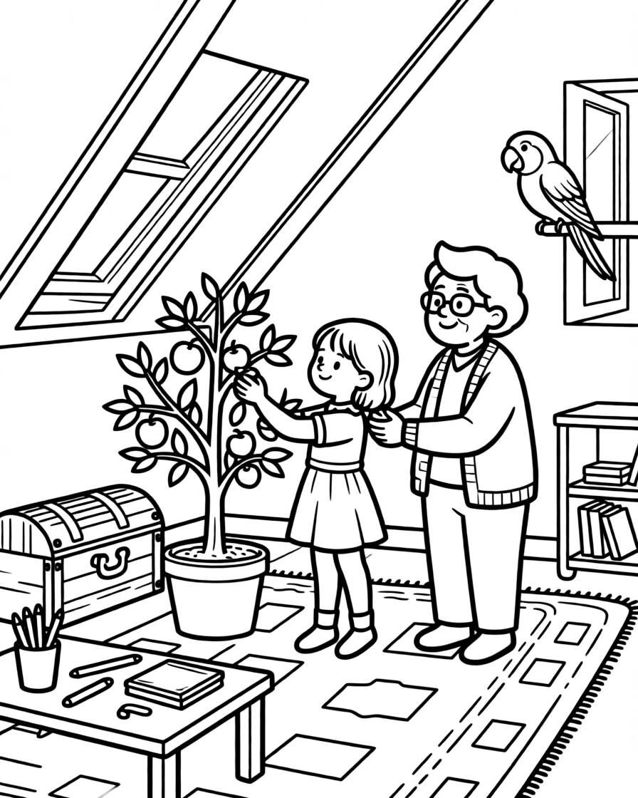 An older sister picking apples together with an elderly neighbor in an attic playroom while a parrot squawks from a perch.