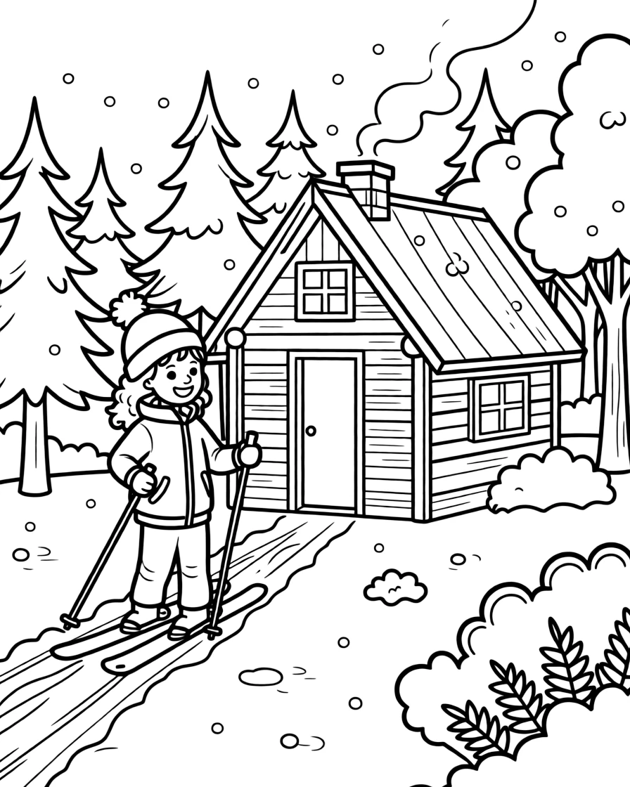 A little girl with curly hair, finishing a long ski loop back at a cozy trailhead cabin.