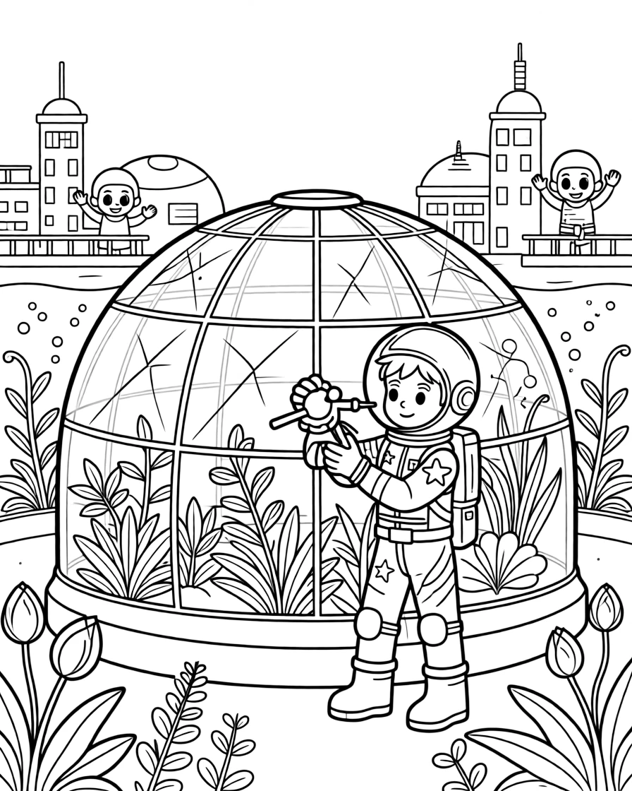 In a greenhouse dome growing plants from a dozen different planets, Cadet Rex, a young space explorer in a starry spacesuit repairing a cracked dome over an underwater city, while friendly aliens waving from nearby balconies adds to the excitement.