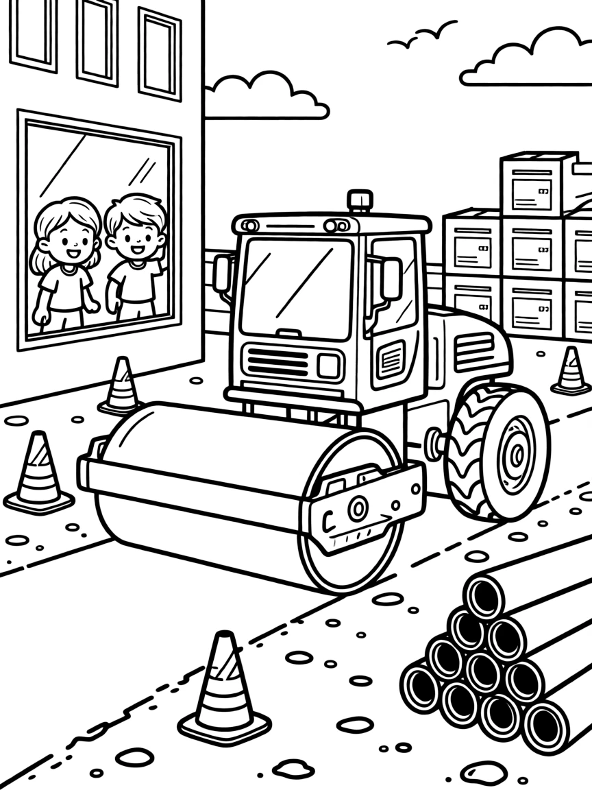 This coloring page shows a road paver laying down a ribbon of smooth asphalt making its way across a construction site surrounded by orange cones and stacked pipes, accompanied by twin siblings pressing their faces to the window, while stacks of colorful cargo boxes ready to be unloaded adds extra charm to the scene.